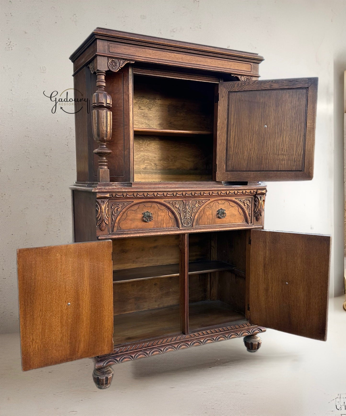 Antique Revival Jacobean Oak Vintage 1920 Gothic Victorian Hutch China Cabinet Thomasville