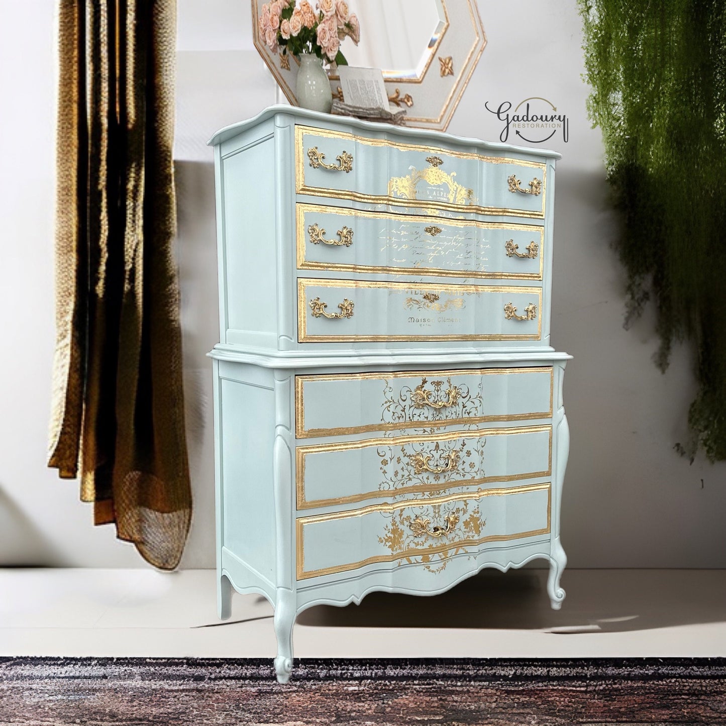 SOLD SOLD SOLD - French Gold Blue High Boy Tall Chest of drawers Antique Vintage Dresser United Furniture Do Not Purchase
