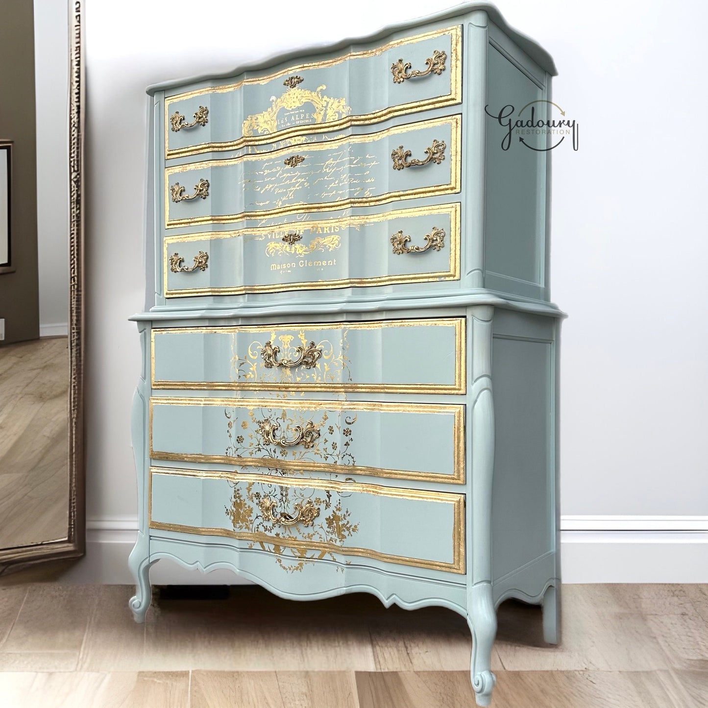 SOLD SOLD SOLD - French Gold Blue High Boy Tall Chest of drawers Antique Vintage Dresser United Furniture Do Not Purchase