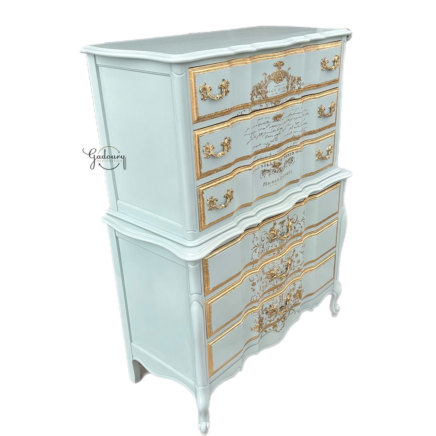 SOLD SOLD SOLD - French Gold Blue High Boy Tall Chest of drawers Antique Vintage Dresser United Furniture Do Not Purchase