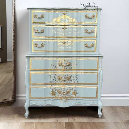 SOLD SOLD SOLD - French Gold Blue High Boy Tall Chest of drawers Antique Vintage Dresser United Furniture Do Not Purchase