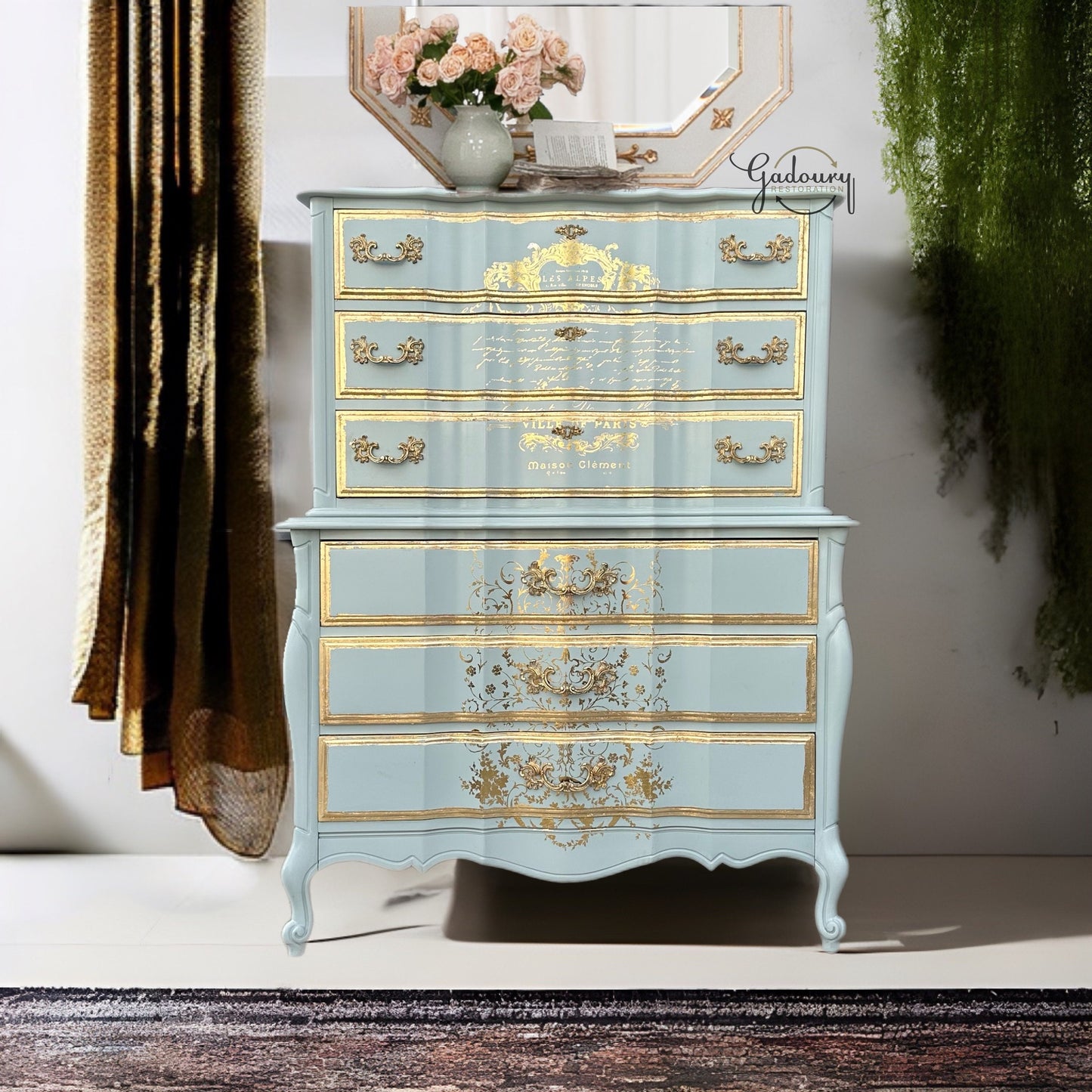 SOLD SOLD SOLD - French Gold Blue High Boy Tall Chest of drawers Antique Vintage Dresser United Furniture Do Not Purchase