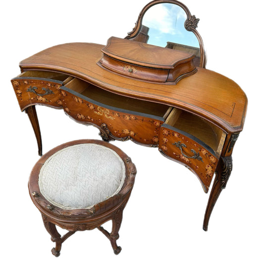 FREE SHIPPING *** Vintage Antique French Provincial Furniture Floral Flower vanity desk makeup bench  Wood 1900s GLAM Boudoir