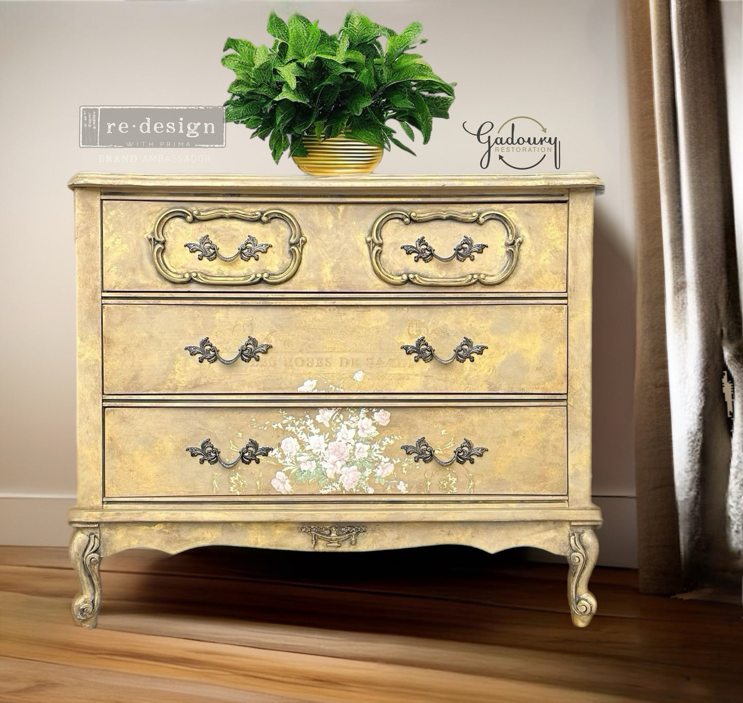 FREE SHIPPING *** Vintage Antique French Provincial Green Gold Floral Flower small Chest of drawers dresser cabinet GLAM