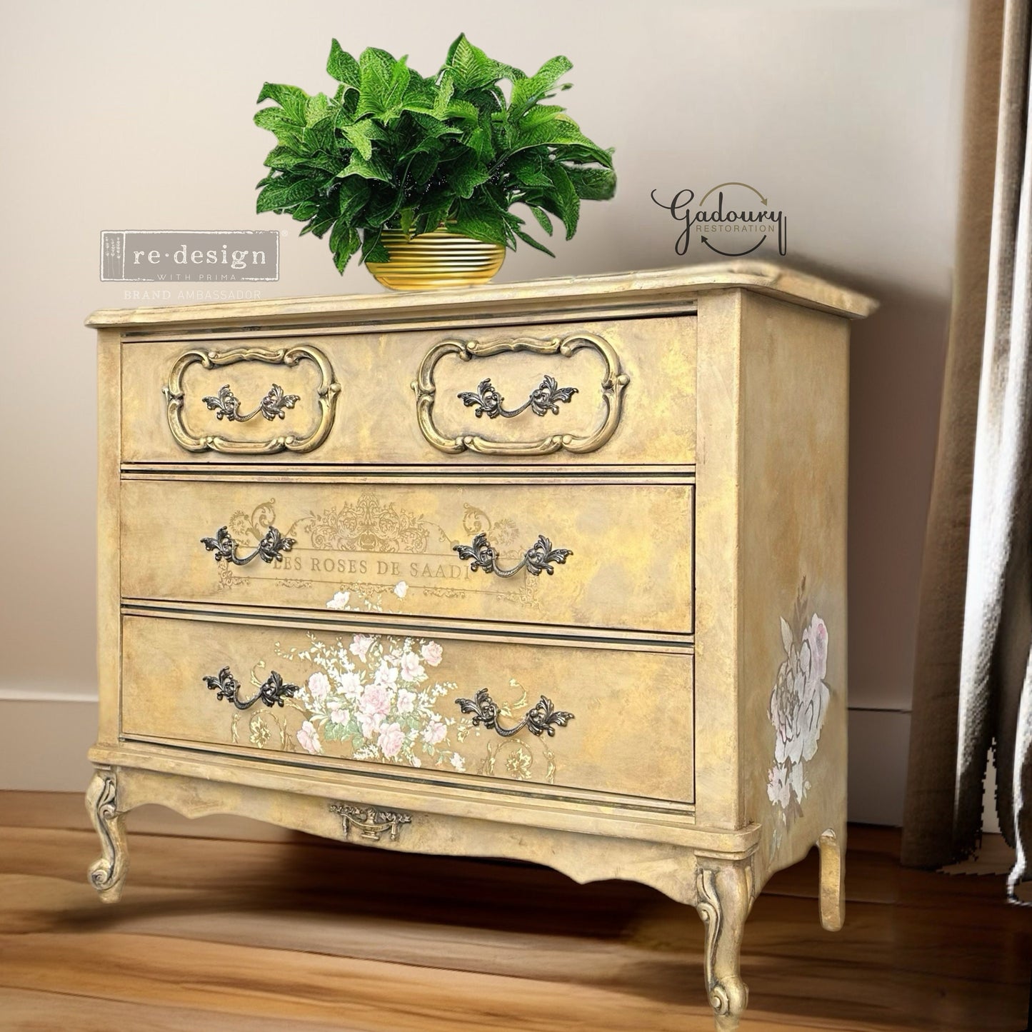 FREE SHIPPING *** Vintage Antique French Provincial Green Gold Floral Flower small Chest of drawers dresser cabinet GLAM