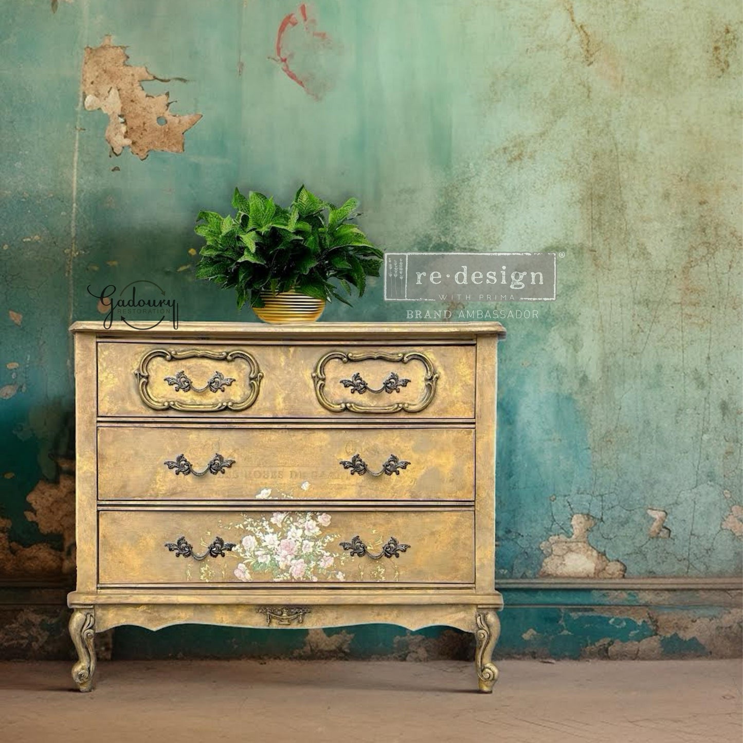 FREE SHIPPING *** Vintage Antique French Provincial Green Gold Floral Flower small Chest of drawers dresser cabinet GLAM