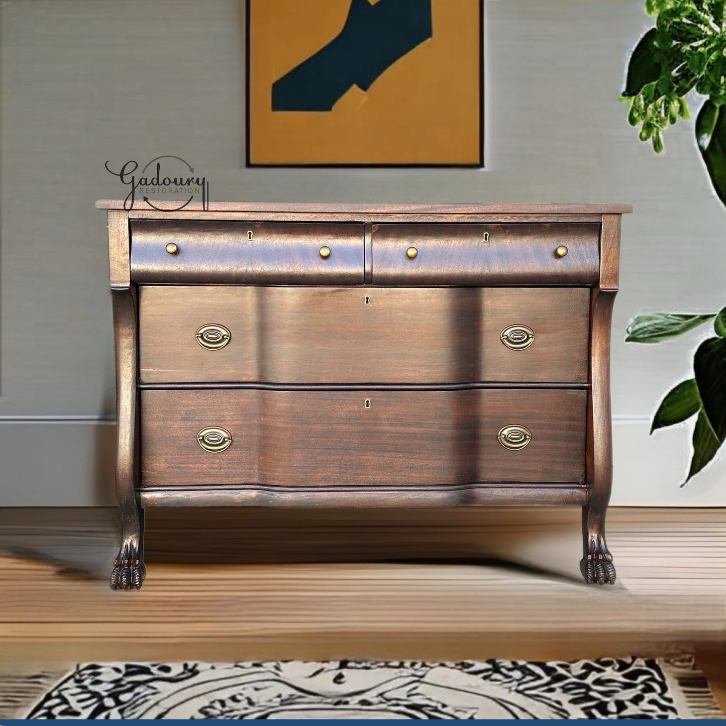 FREE SHIPPING *** Vintage Empire Chest of Drawers 1800-1900s Solid Wood Restored Claw Foot MCM Dresser Low Boy