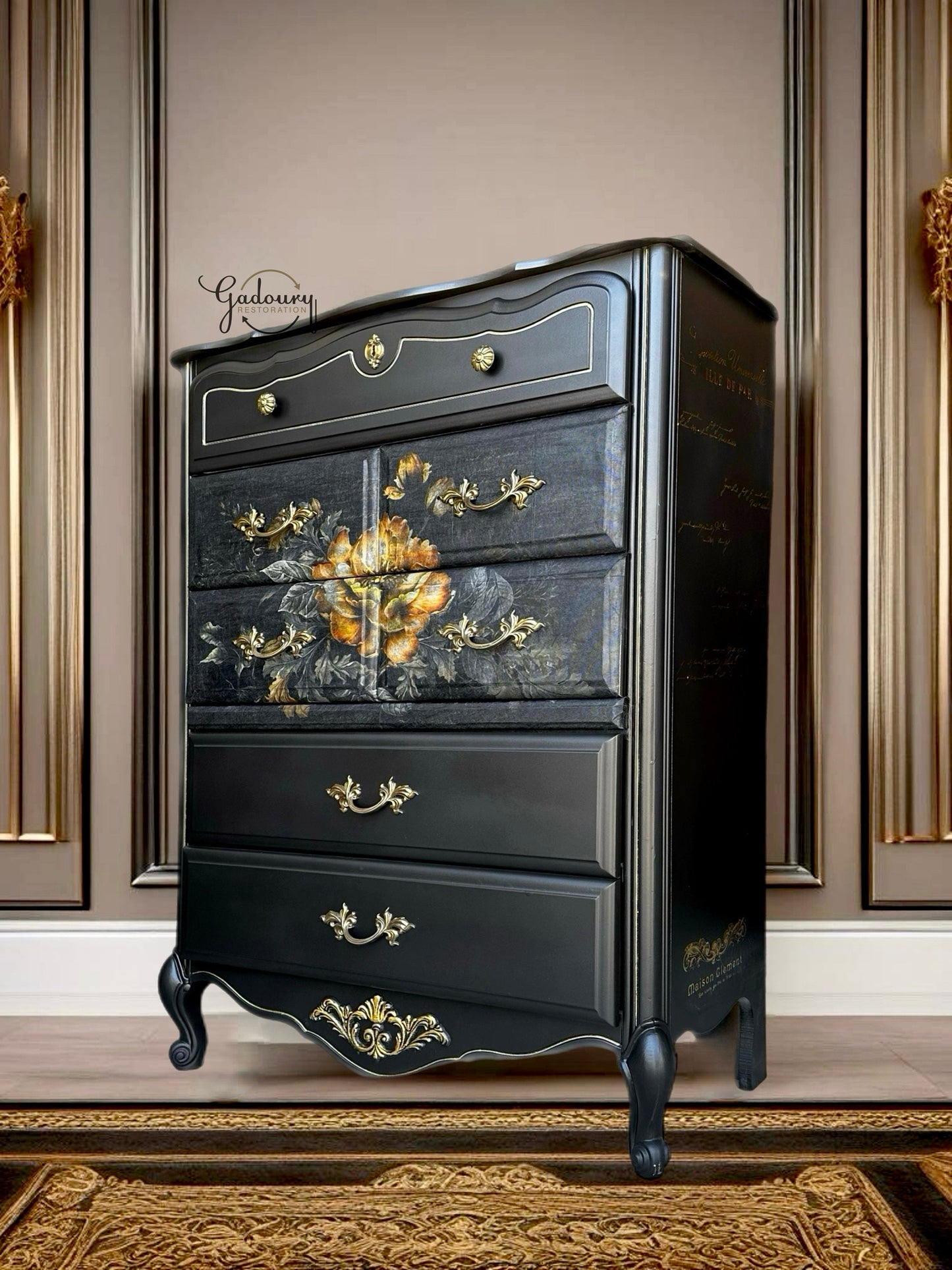 FREE SHIPPING ** French Black GLAM Yellow Floral Gold Beautiful Statement Dresser Cabinet Tall Chest of Drawers