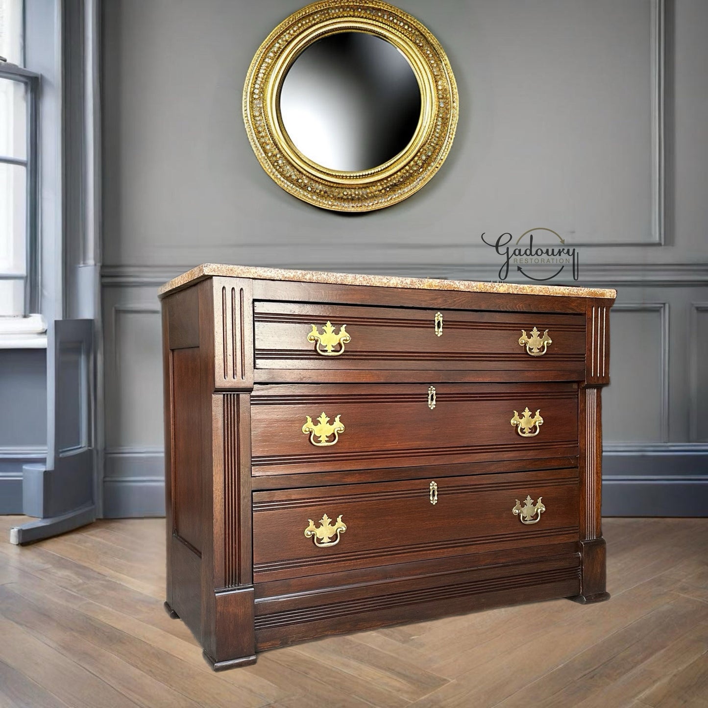 FREE SHIPPING*** Solid Wood EASTLAKE Dark Walnut Restored Vintage Antique Chest of Drawers Dresser Vanity Granite Top