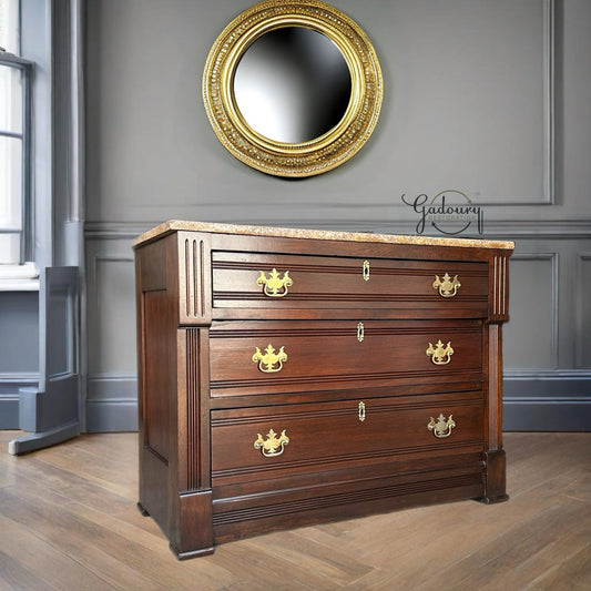 FREE SHIPPING*** Solid Wood EASTLAKE Dark Walnut Restored Vintage Antique Chest of Drawers Dresser Vanity Granite Top