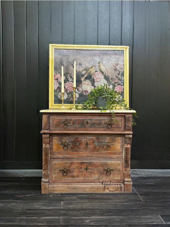 FREE SHIPPING** Solid Wood Small Cabinet Dresser End Table Side Table Solid Wood Floral Granite Vintage Antique