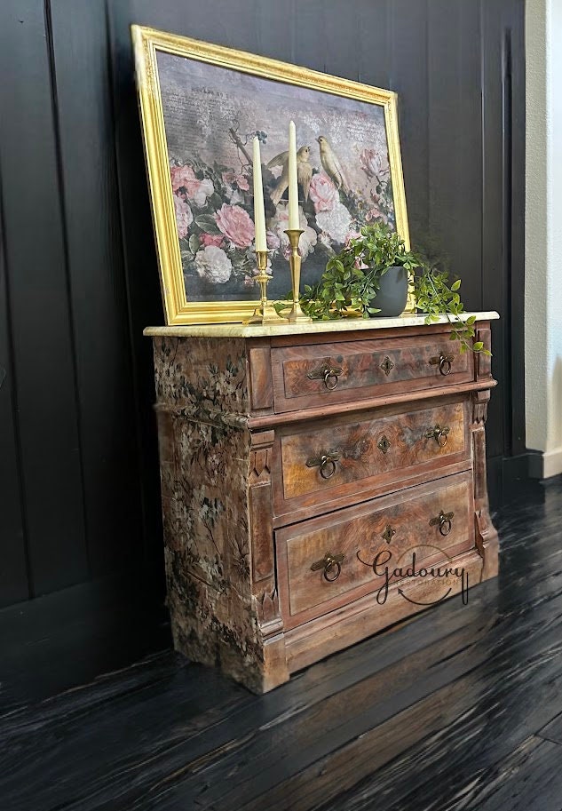 FREE SHIPPING** Solid Wood Small Cabinet Dresser End Table Side Table Solid Wood Floral Granite Vintage Antique