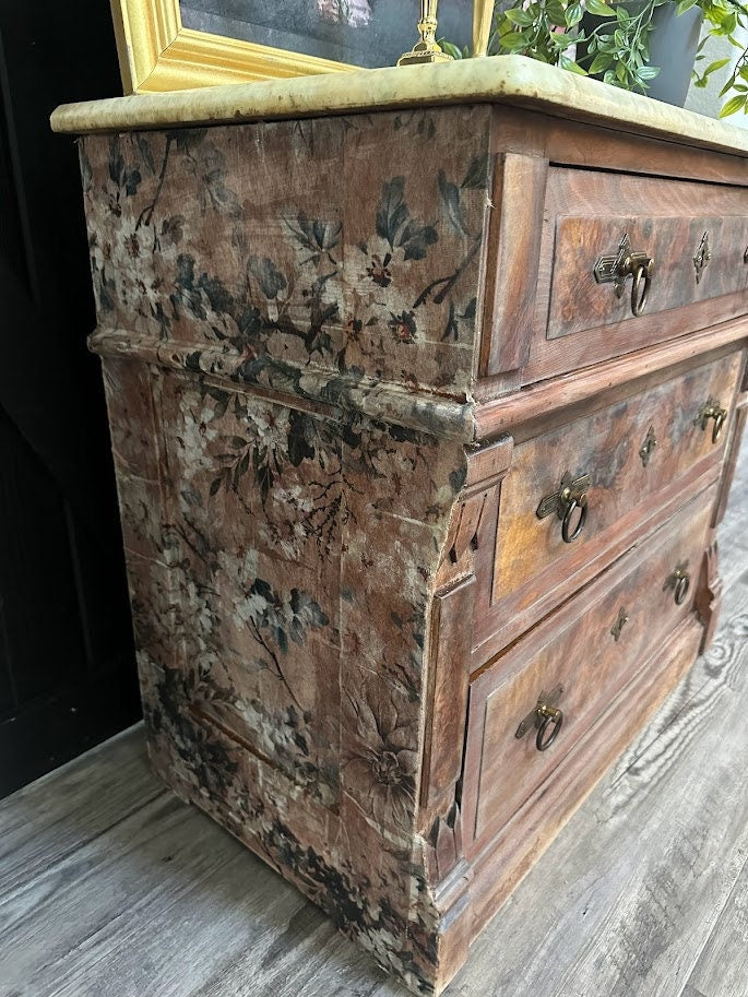 FREE SHIPPING** Solid Wood Small Cabinet Dresser End Table Side Table Solid Wood Floral Granite Vintage Antique