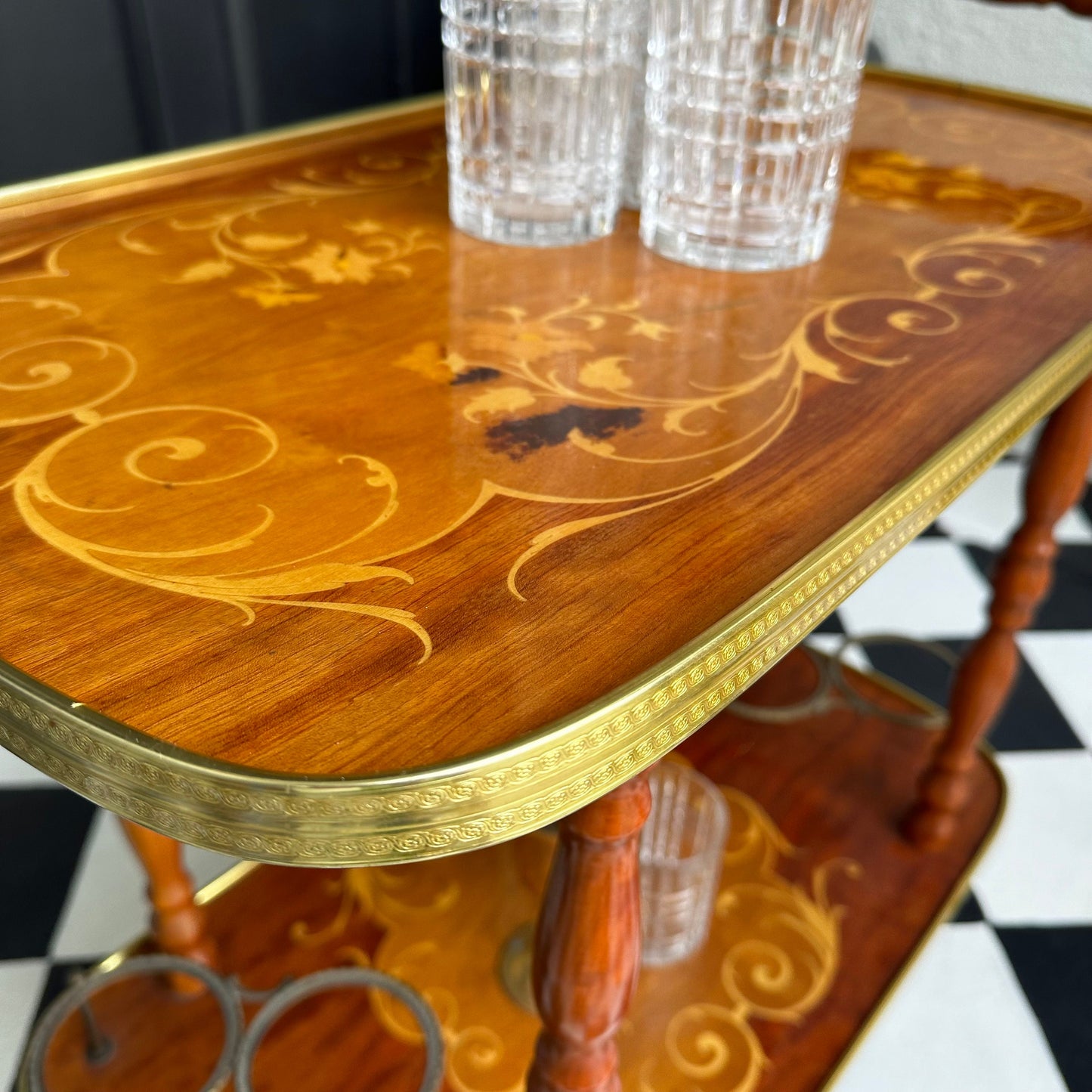 FREE SHIPPING  *** Vintage Antique Italian 1950's Inlaid Gold Glam Wood Bar Tea Dessert Cart Wheels Marquetry Hollywood Regency Trolly