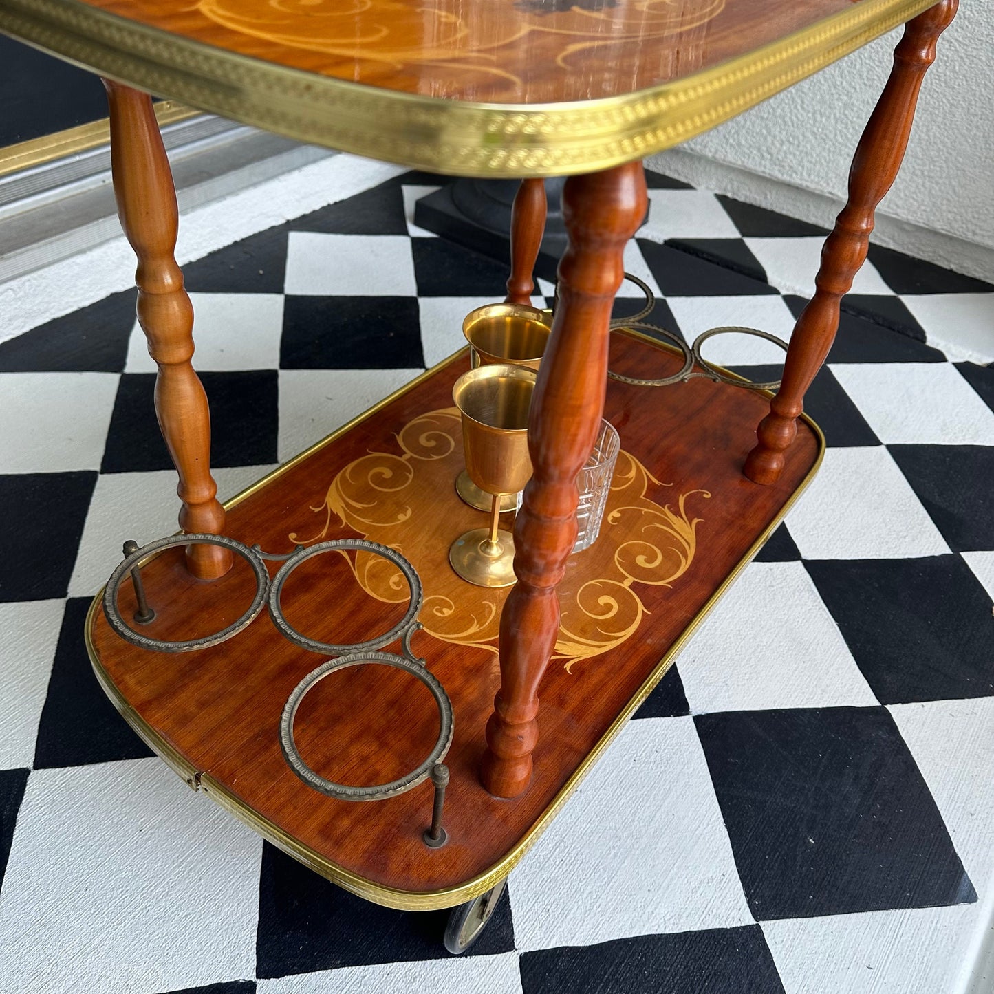 FREE SHIPPING  *** Vintage Antique Italian 1950's Inlaid Gold Glam Wood Bar Tea Dessert Cart Wheels Marquetry Hollywood Regency Trolly