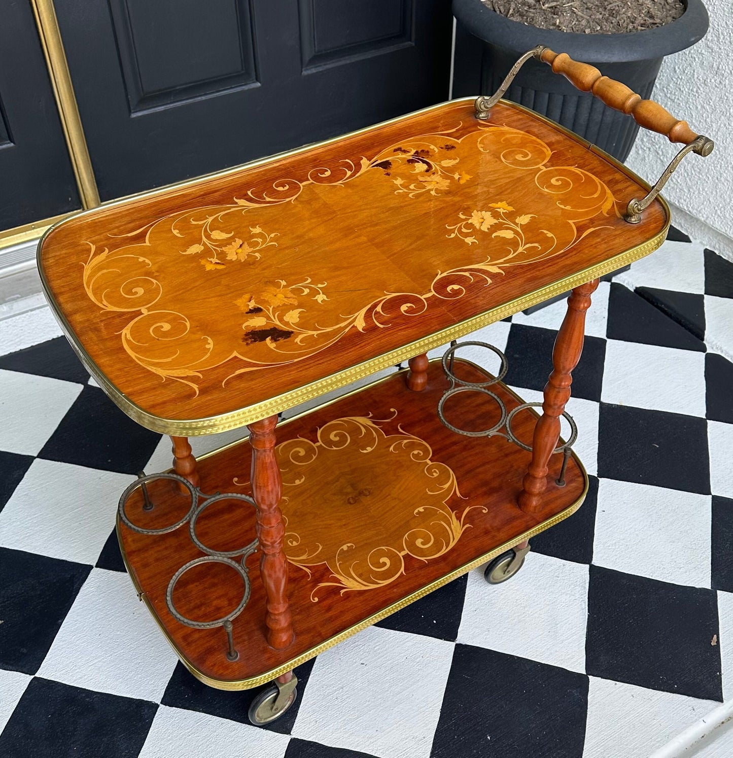 FREE SHIPPING  *** Vintage Antique Italian 1950's Inlaid Gold Glam Wood Bar Tea Dessert Cart Wheels Marquetry Hollywood Regency Trolly