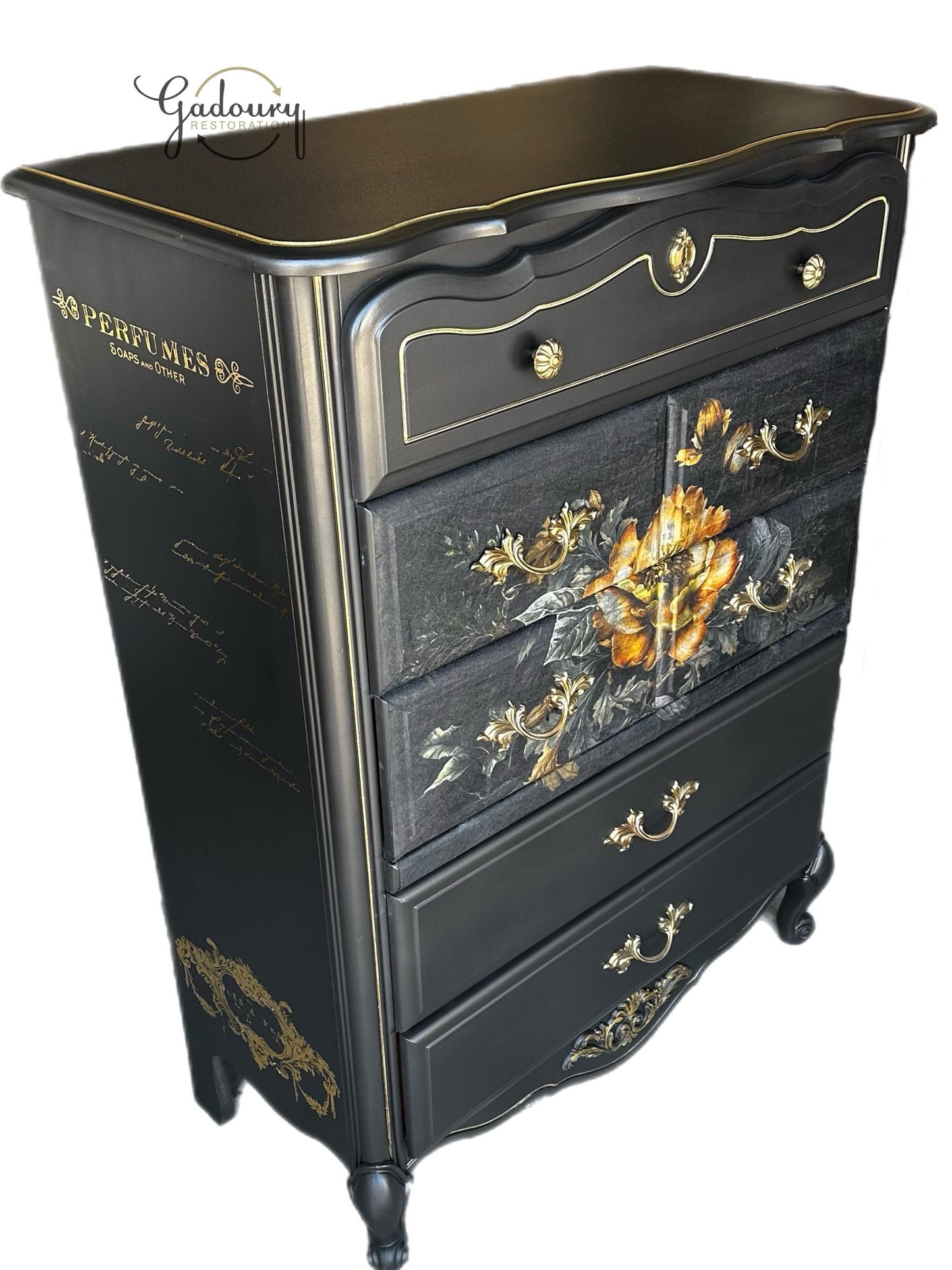 FREE SHIPPING ** French Black GLAM Yellow Floral Gold Beautiful Statement Dresser Cabinet Tall Chest of Drawers