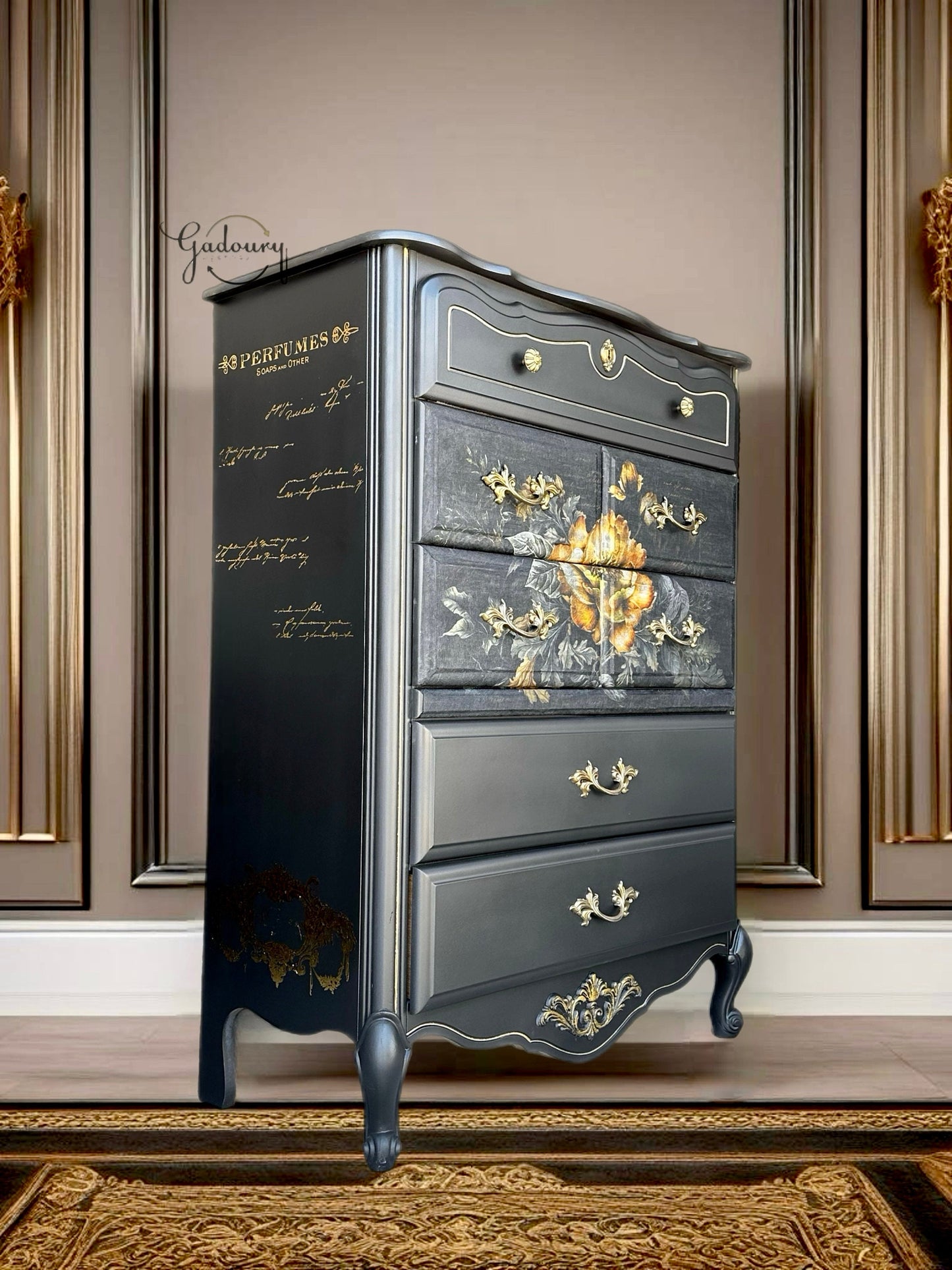 FREE SHIPPING ** French Black GLAM Yellow Floral Gold Beautiful Statement Dresser Cabinet Tall Chest of Drawers