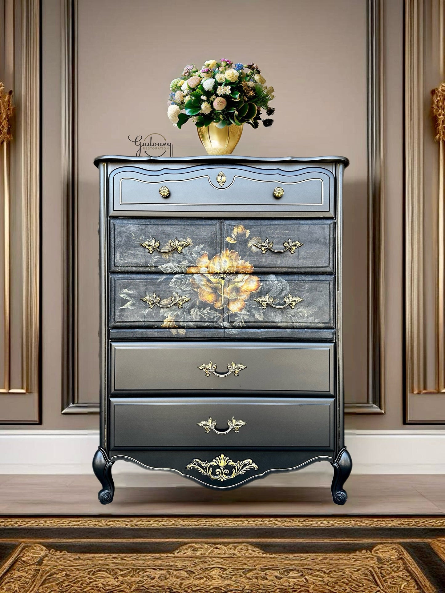 FREE SHIPPING ** French Black GLAM Yellow Floral Gold Beautiful Statement Dresser Cabinet Tall Chest of Drawers
