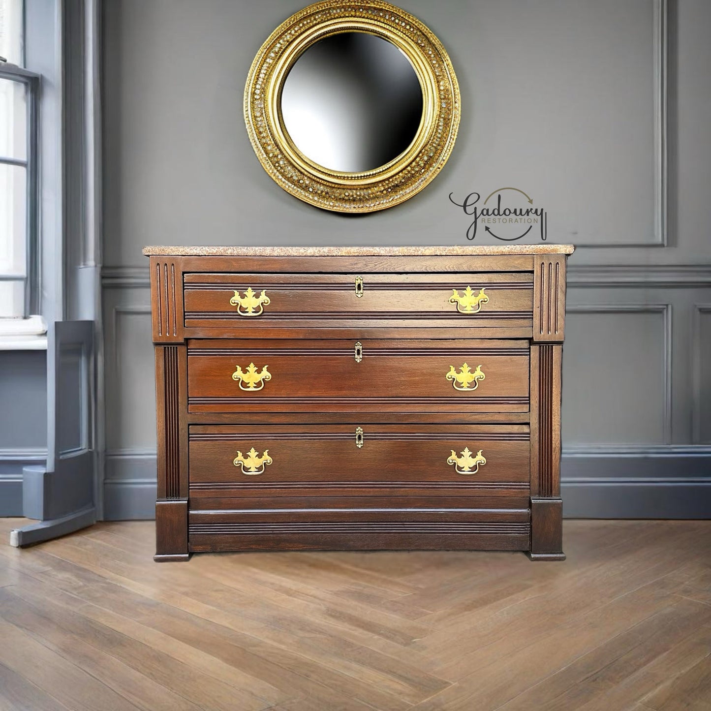 FREE SHIPPING*** Solid Wood EASTLAKE Dark Walnut Restored Vintage Antique Chest of Drawers Dresser Vanity Granite Top