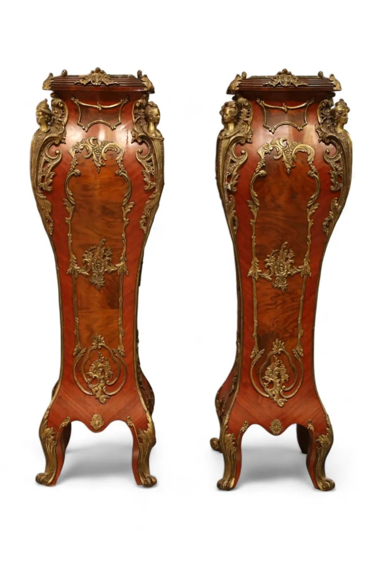 FREE SHIPPING *** Antique French Louis XV Style Green Marble Top Gilt Marquetry Bombe Pedestals a Pair Pedestals, circa 1900
