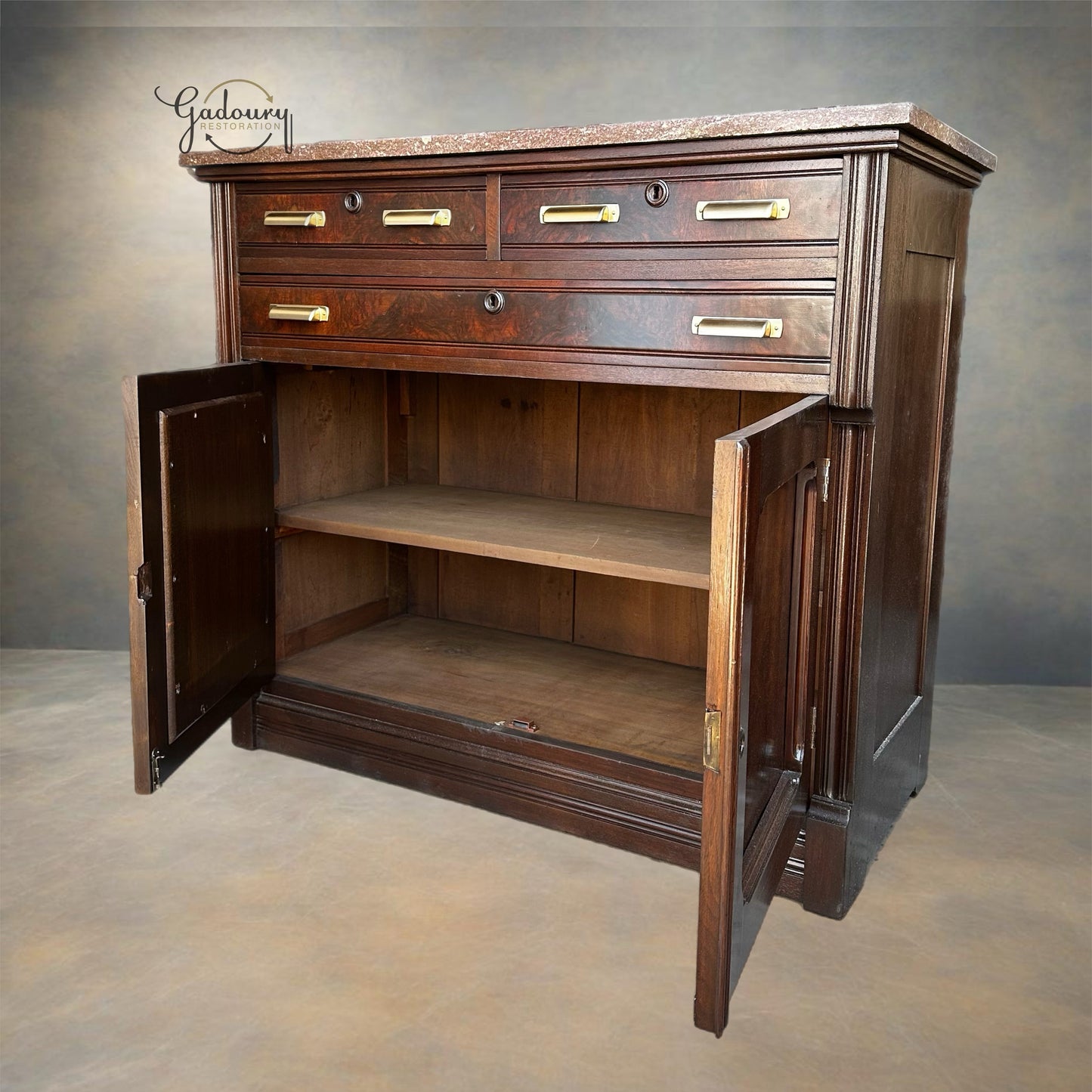 FREE SHIPPING** Solid Wood EASTLAKE Dark Walnut Restored Vintage Antique Chest of Drawers Dresser Vanity Granite Top Cabinet Buffet Credenza