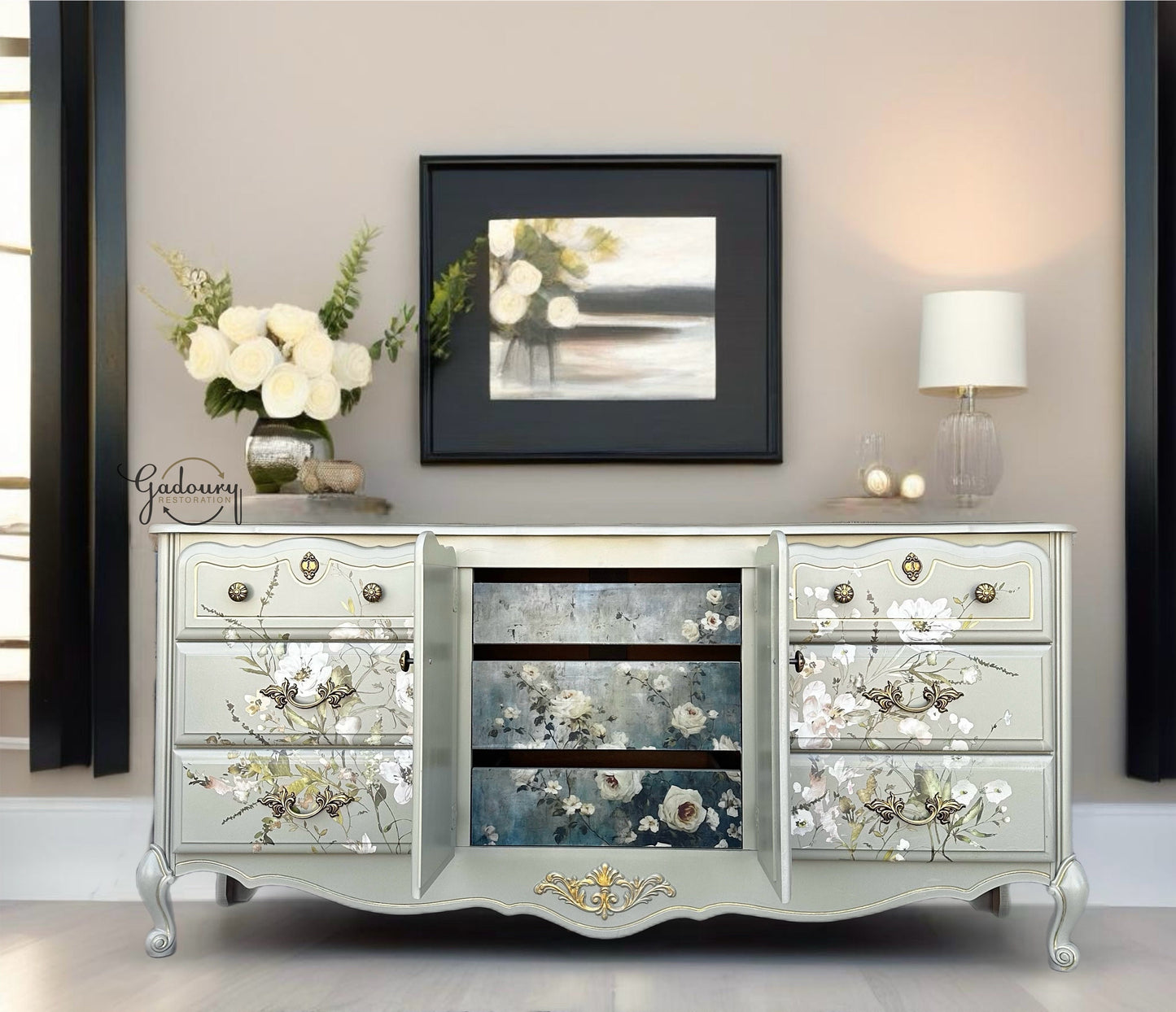 French Beauty Glam Gold Floral Flowers Green Long 9 Drawer Dresser Tv Stand Statement Buffet