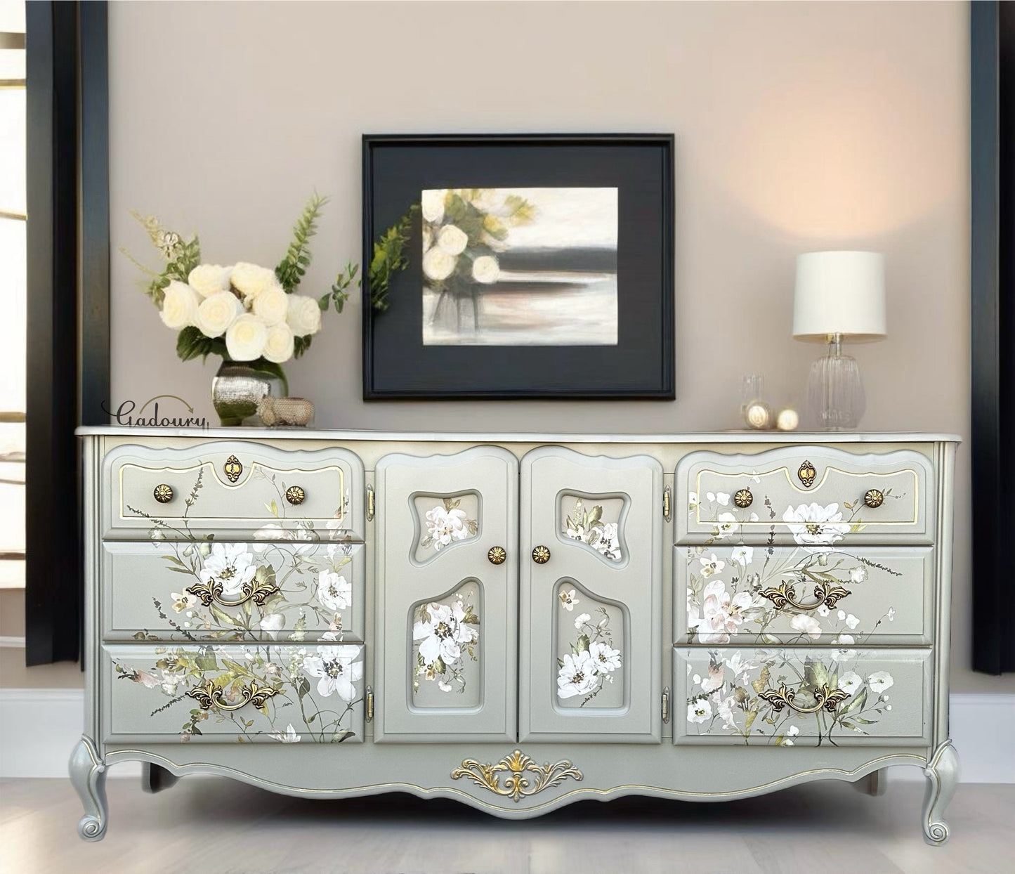 French Beauty Glam Gold Floral Flowers Green Long 9 Drawer Dresser Tv Stand Statement Buffet