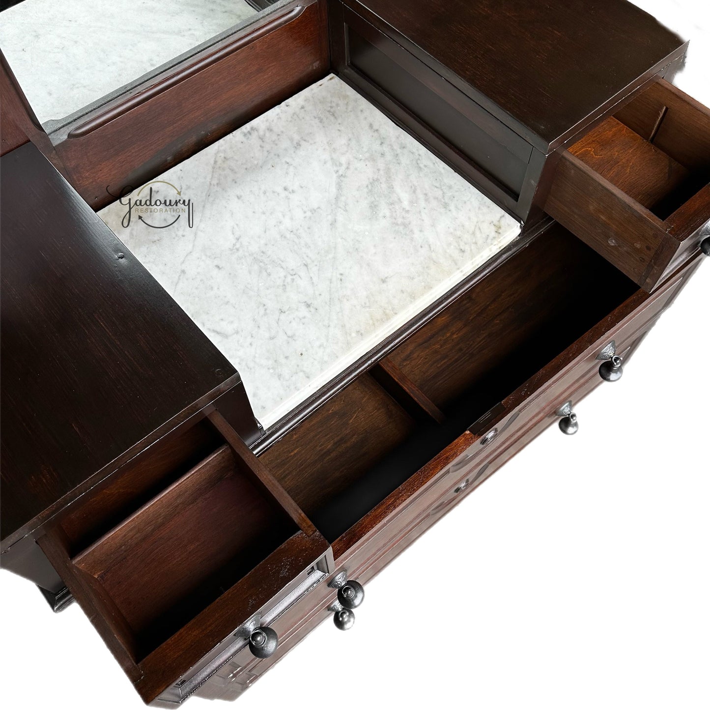 FREE SHIPPING*** Solid Wood EASTLAKE Dark Walnut Restored Vintage Antique Chest of Drawers Gothic Vanity Dresser Hall Mirror Granite