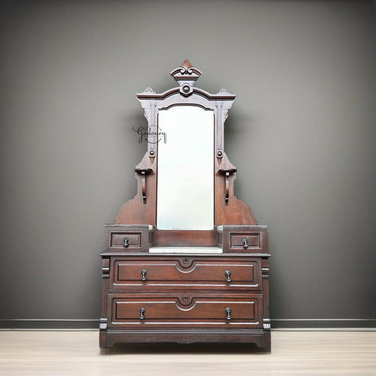 FREE SHIPPING*** Solid Wood EASTLAKE Dark Walnut Restored Vintage Antique Chest of Drawers Gothic Vanity Dresser Hall Mirror Granite