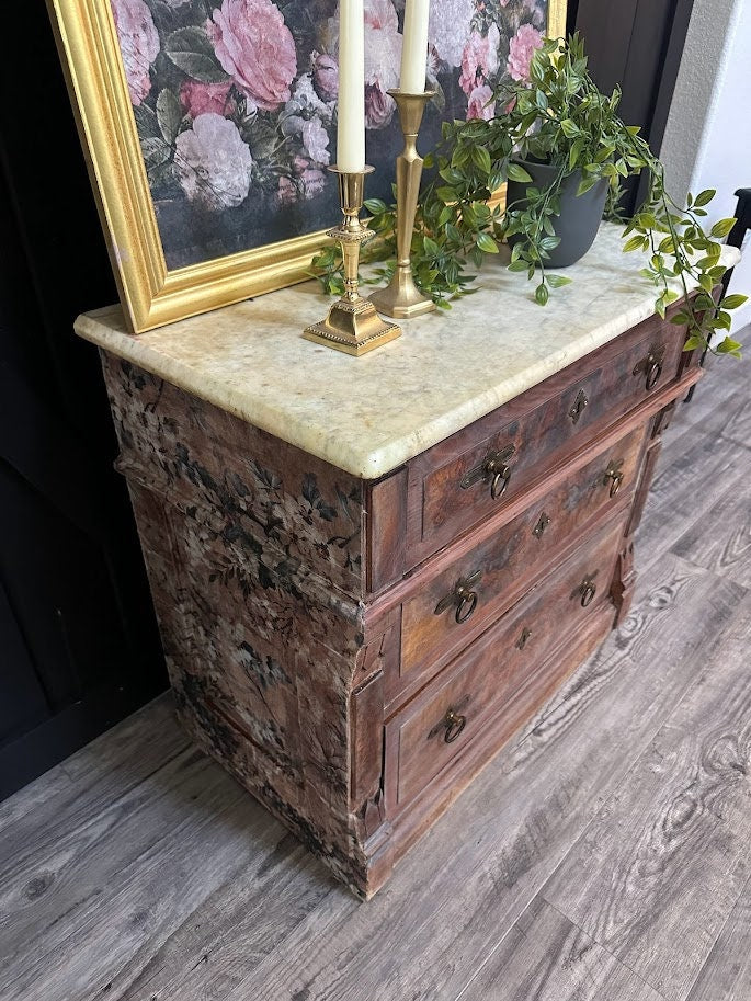 FREE SHIPPING** Solid Wood Small Cabinet Dresser End Table Side Table Solid Wood Floral Granite Vintage Antique