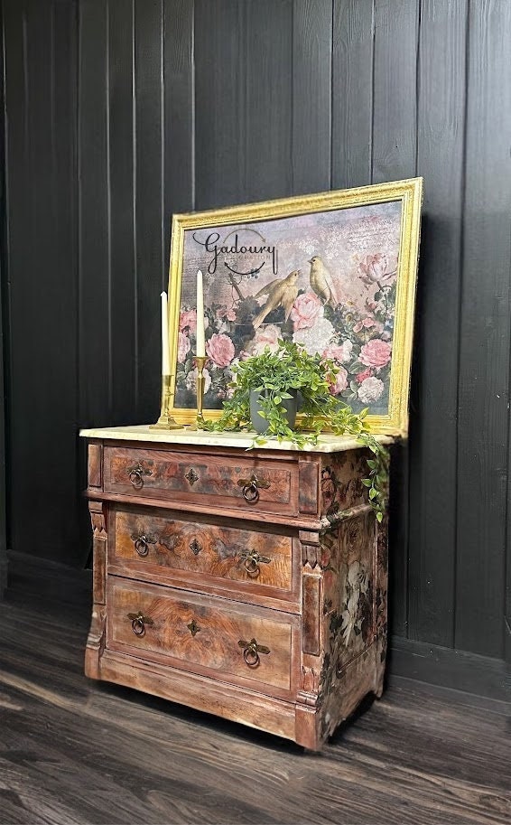 FREE SHIPPING** Solid Wood Small Cabinet Dresser End Table Side Table Solid Wood Floral Granite Vintage Antique