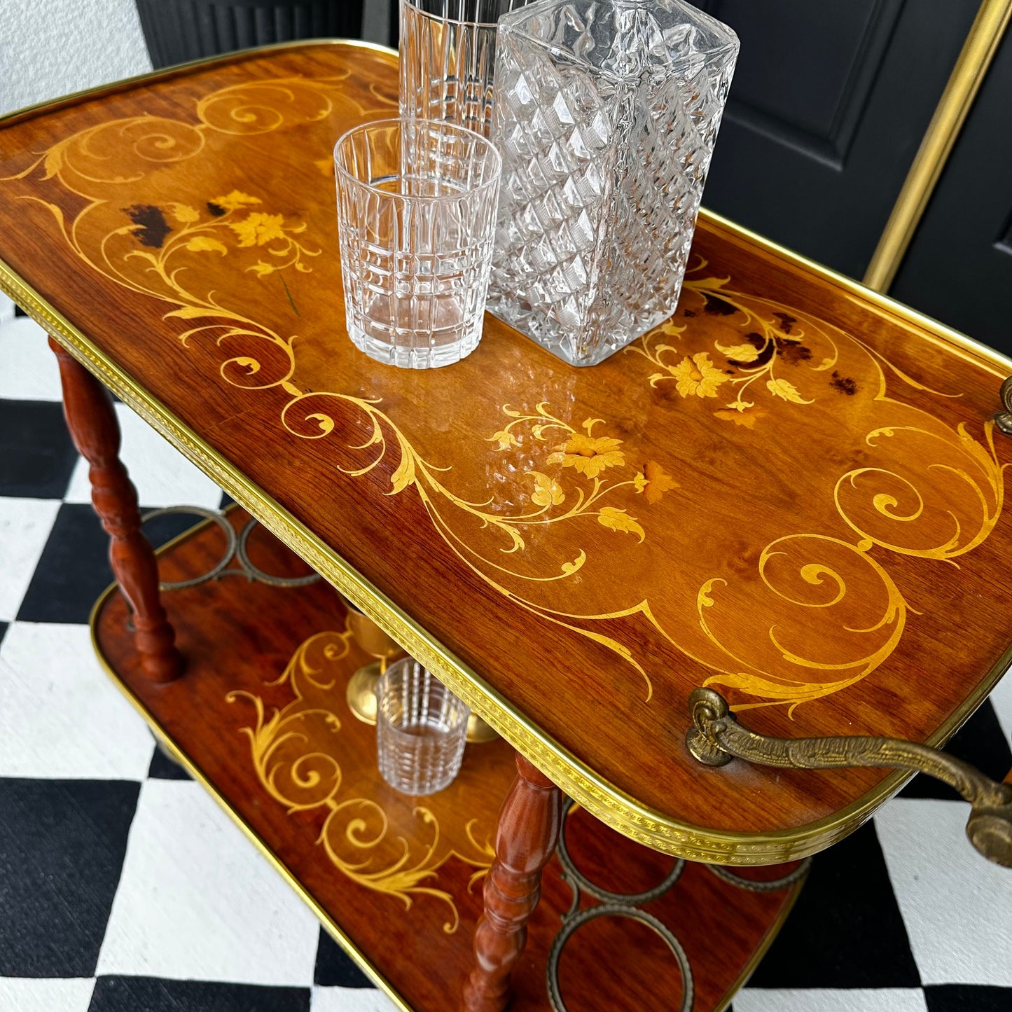 FREE SHIPPING  *** Vintage Antique Italian 1950's Inlaid Gold Glam Wood Bar Tea Dessert Cart Wheels Marquetry Hollywood Regency Trolly