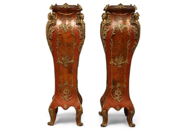 FREE SHIPPING *** Antique French Louis XV Style Green Marble Top Gilt Marquetry Bombe Pedestals a Pair Pedestals, circa 1900
