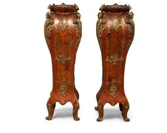 FREE SHIPPING *** Antique French Louis XV Style Green Marble Top Gilt Marquetry Bombe Pedestals a Pair Pedestals, circa 1900