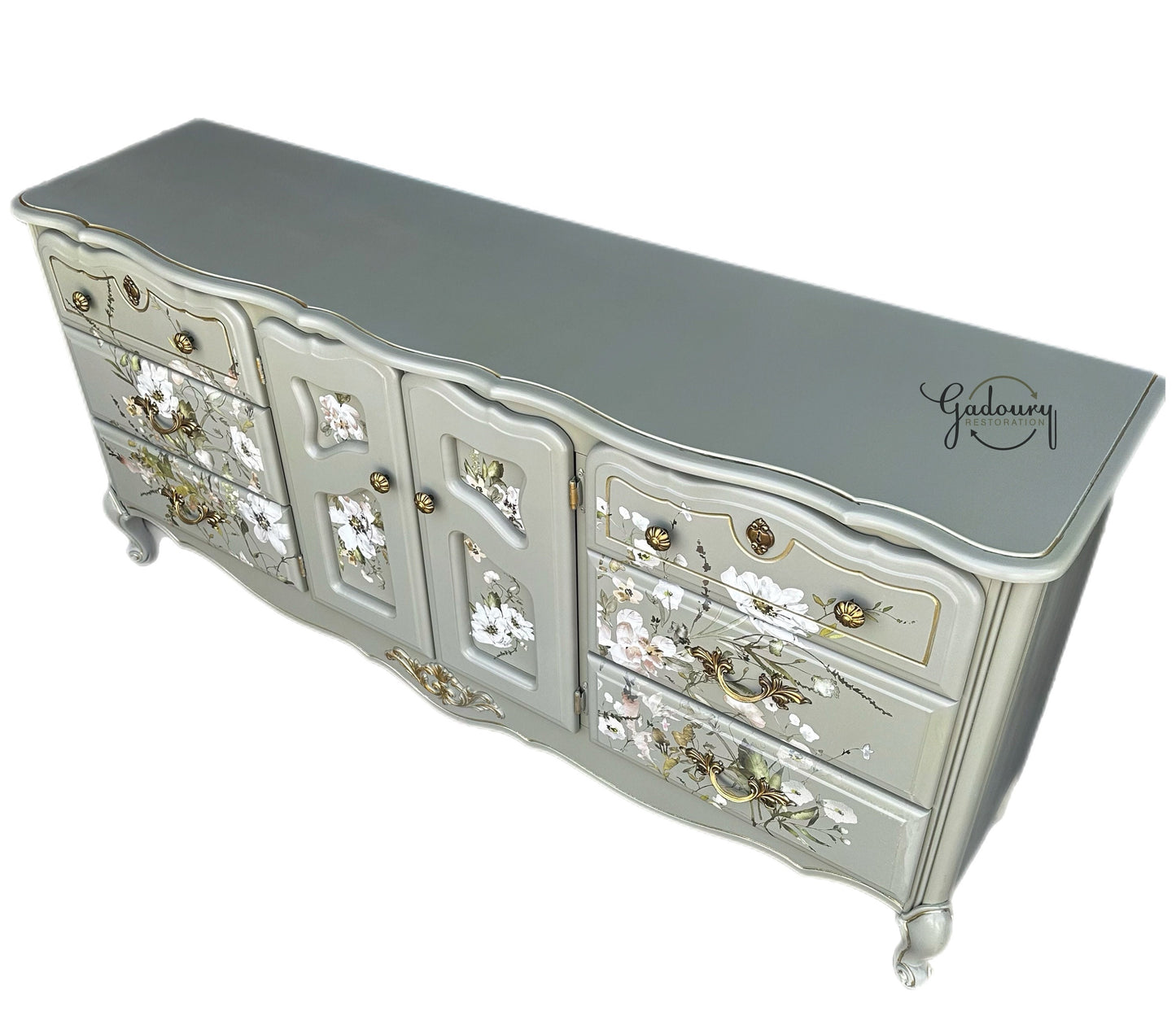 French Beauty Glam Gold Floral Flowers Green Long 9 Drawer Dresser Tv Stand Statement Buffet