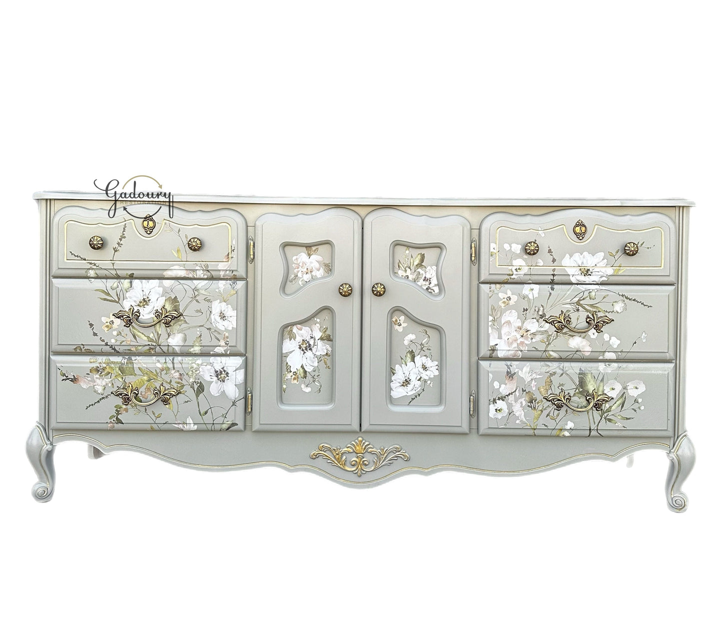 French Beauty Glam Gold Floral Flowers Green Long 9 Drawer Dresser Tv Stand Statement Buffet