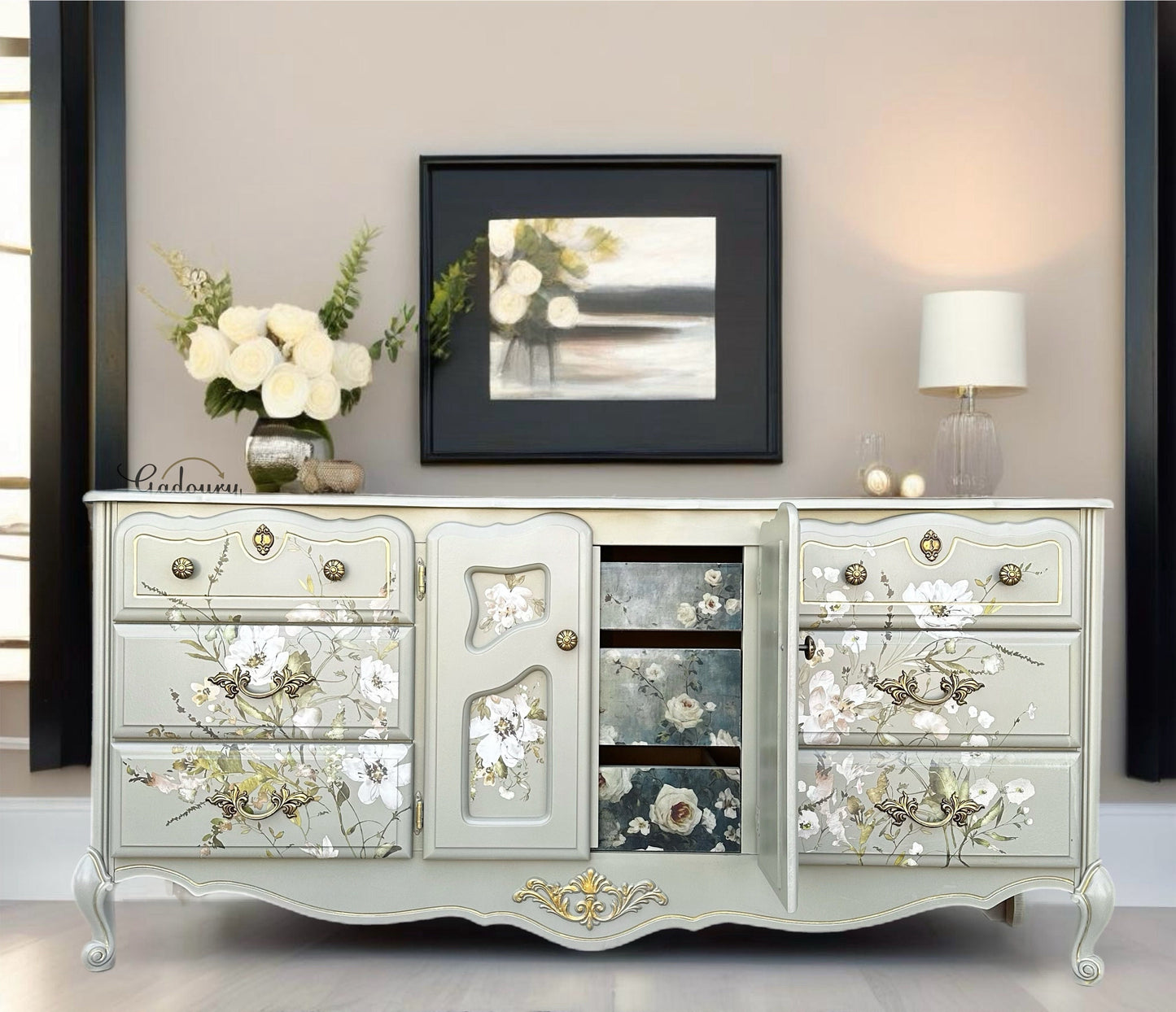 French Beauty Glam Gold Floral Flowers Green Long 9 Drawer Dresser Tv Stand Statement Buffet