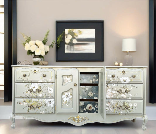 French Beauty Glam Gold Floral Flowers Green Long 9 Drawer Dresser Tv Stand Statement Buffet