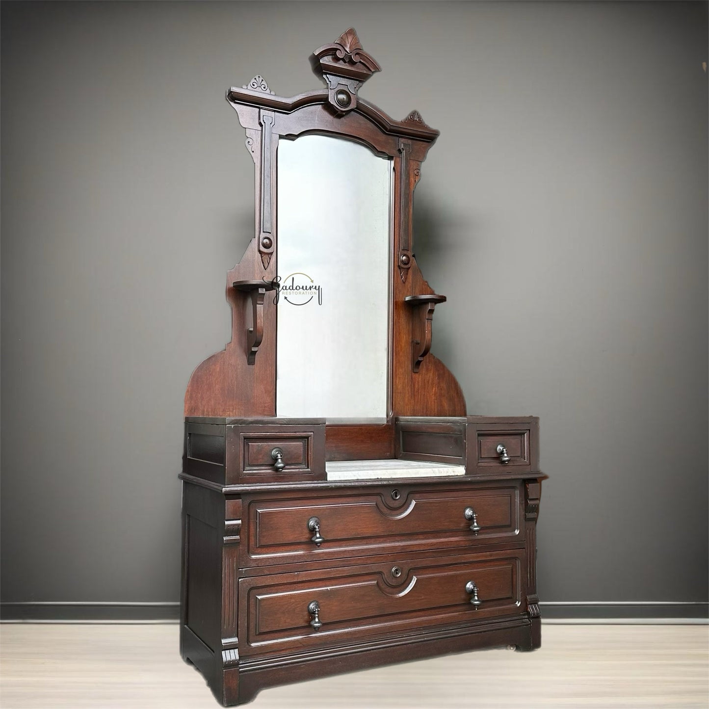 FREE SHIPPING*** Solid Wood EASTLAKE Dark Walnut Restored Vintage Antique Chest of Drawers Gothic Vanity Dresser Hall Mirror Granite