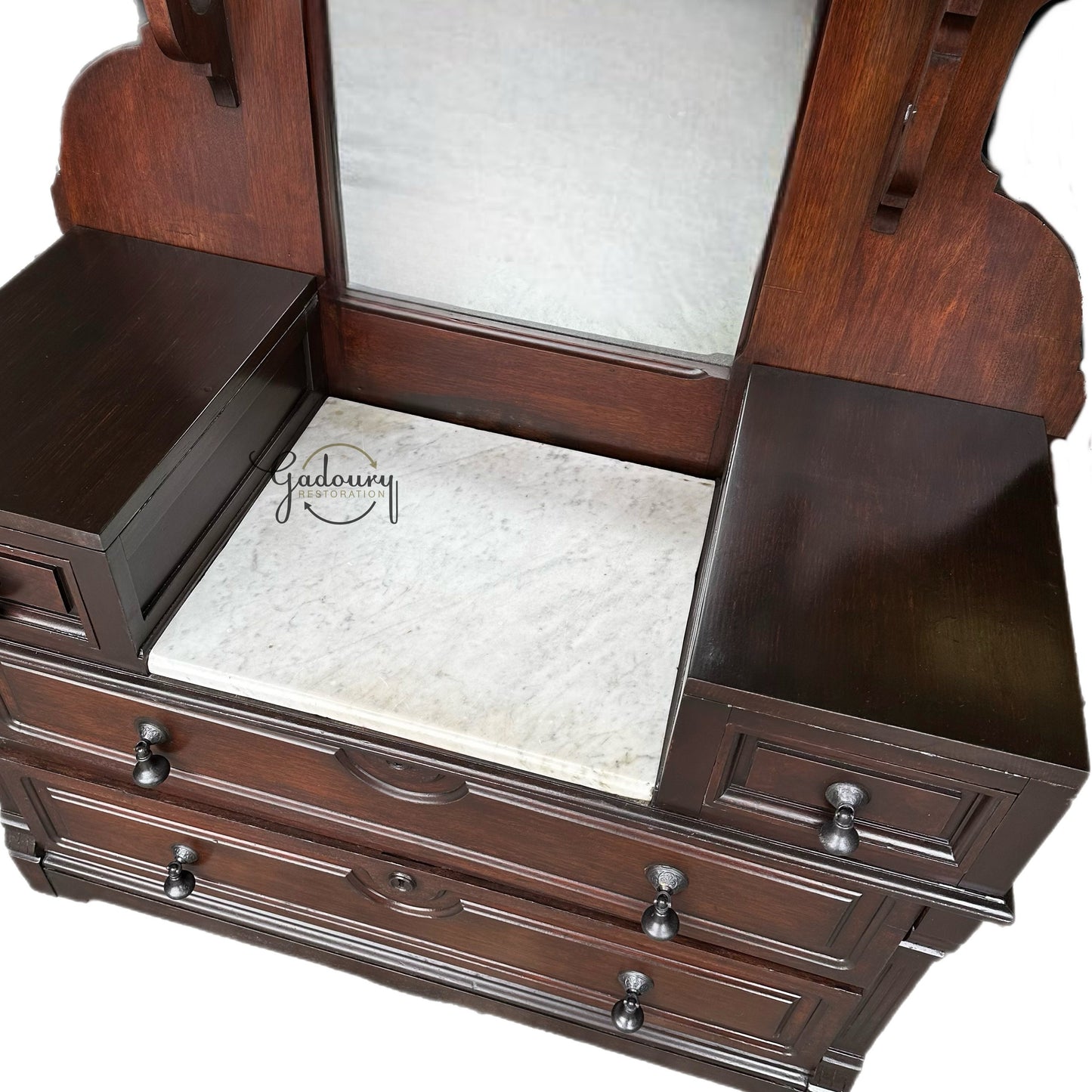 FREE SHIPPING*** Solid Wood EASTLAKE Dark Walnut Restored Vintage Antique Chest of Drawers Gothic Vanity Dresser Hall Mirror Granite