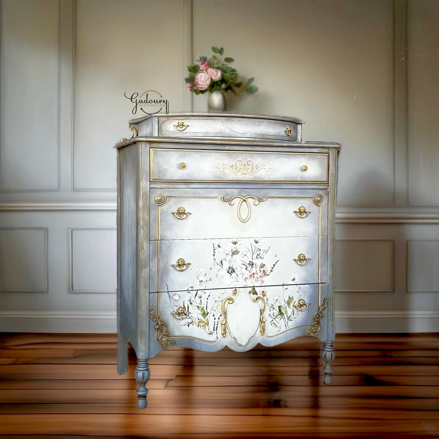 FREE SHIPPING *** Vintage Antique Solid Wood Floral Blue Gray Tall Chest of Drawers Dresser French Glam Gold Romantic