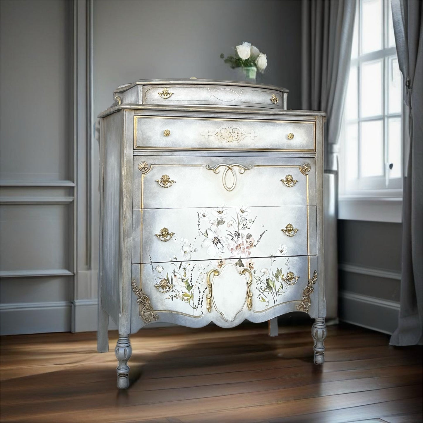 FREE SHIPPING *** Vintage Antique Solid Wood Floral Blue Gray Tall Chest of Drawers Dresser French Glam Gold Romantic