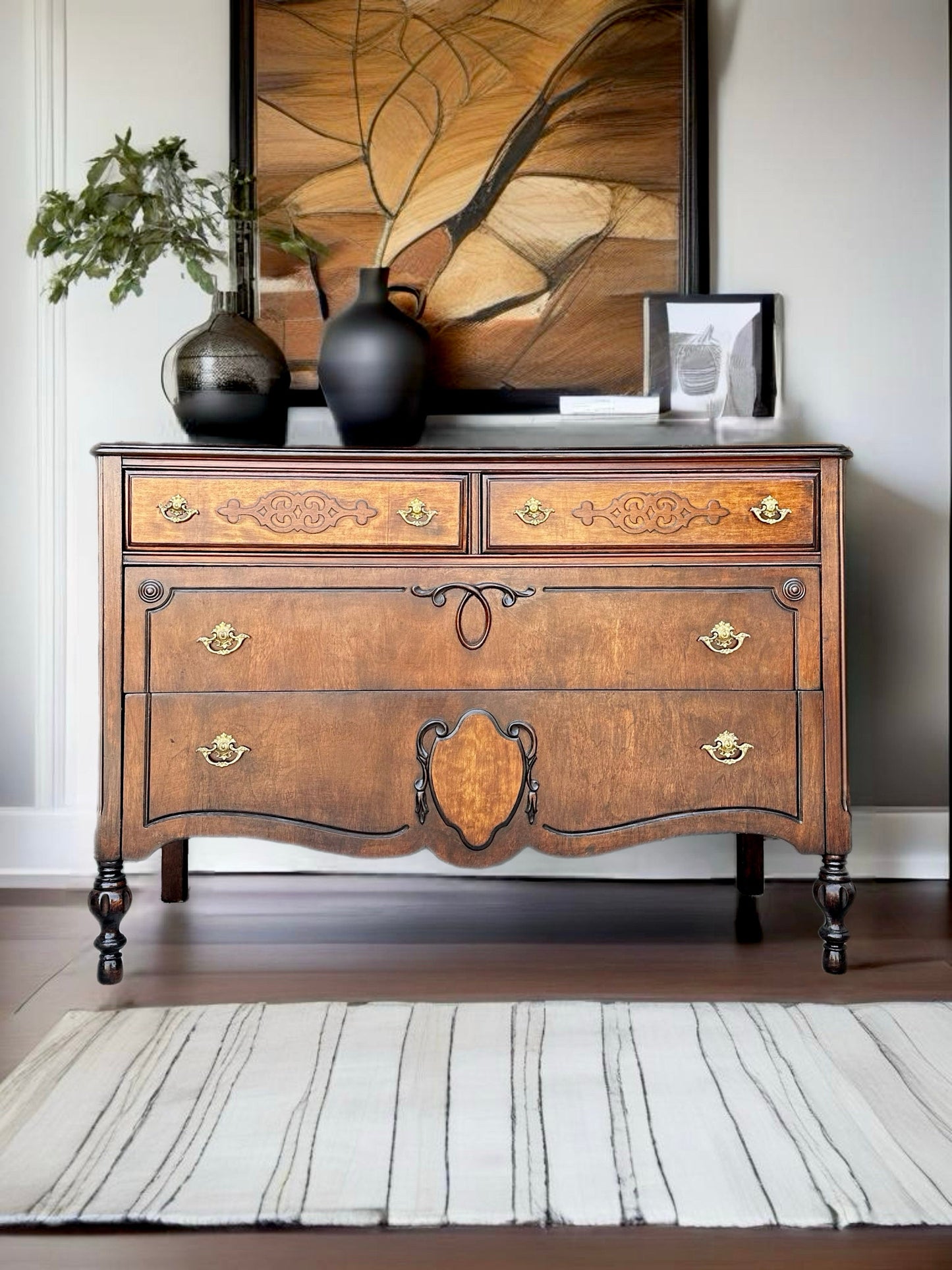 FREE SHIPPING *** Fully Restored Vintage Antique Solid Wood Ornate Gothic Chest of Drawers Vanity