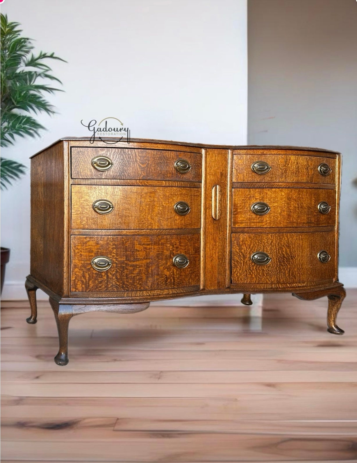 FREE SHIPPING *** Antique Vintage Solid Wood Tiger Oak FULLY Restored 6 Drawer Buffet Credenza Cabinet Dresser French Furniture