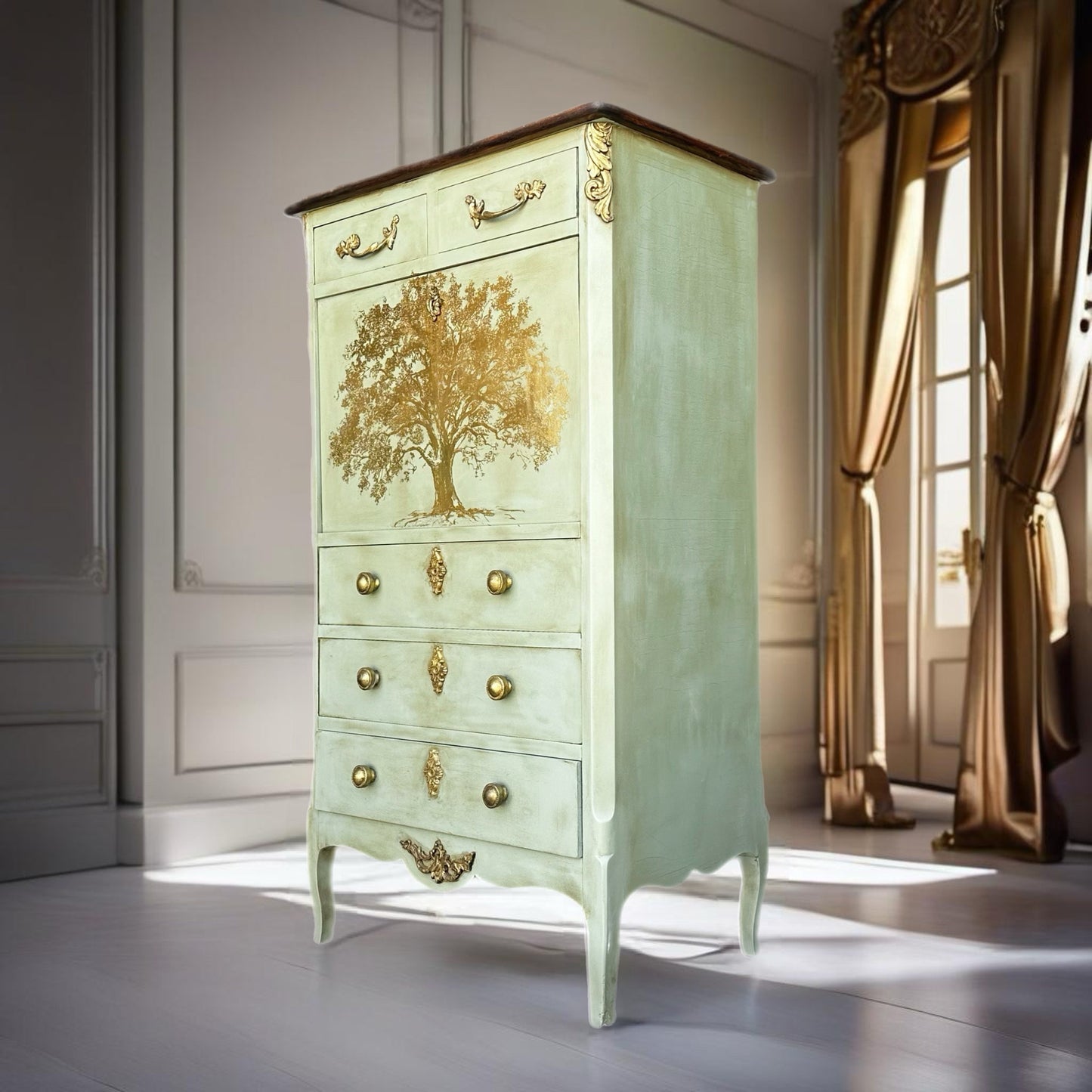 FREE SHIPPING *** French Solid Wood Vintage Antique Green Gold French Solid Wood Tall Chest of Drawers Dresser Secretary Desk Hall Cabinet