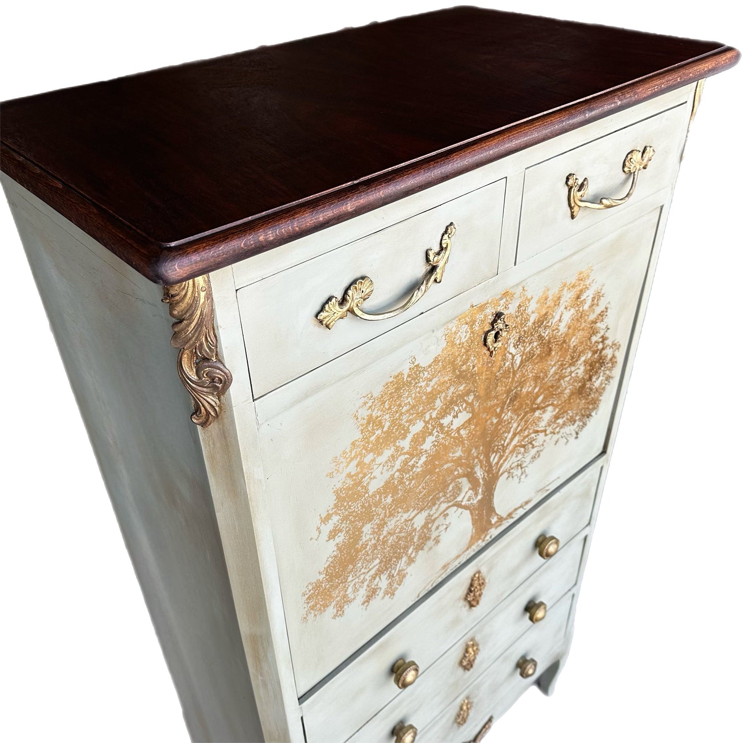 FREE SHIPPING *** French Solid Wood Vintage Antique Green Gold French Solid Wood Tall Chest of Drawers Dresser Secretary Desk Hall Cabinet