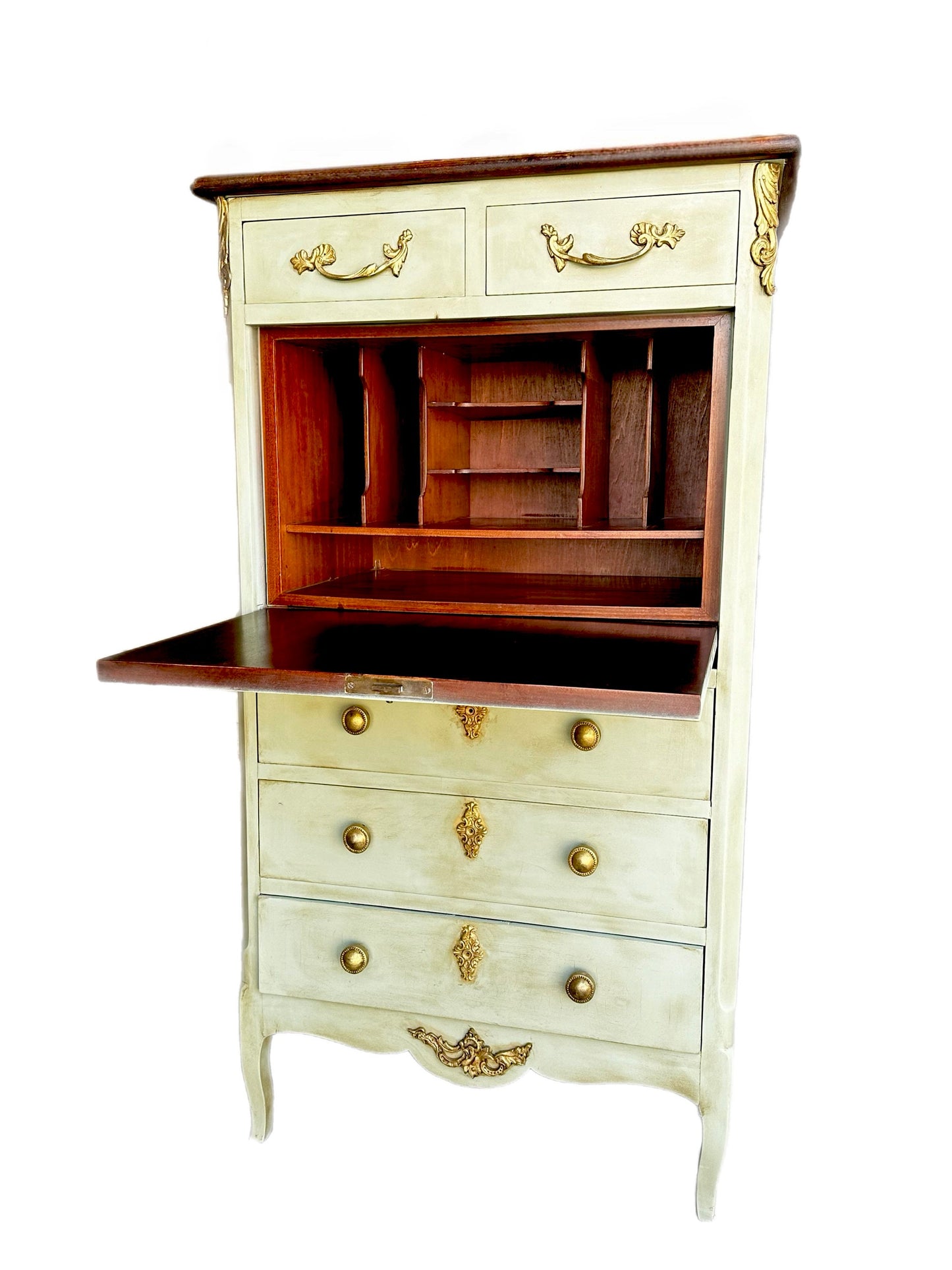 FREE SHIPPING *** French Solid Wood Vintage Antique Green Gold French Solid Wood Tall Chest of Drawers Dresser Secretary Desk Hall Cabinet