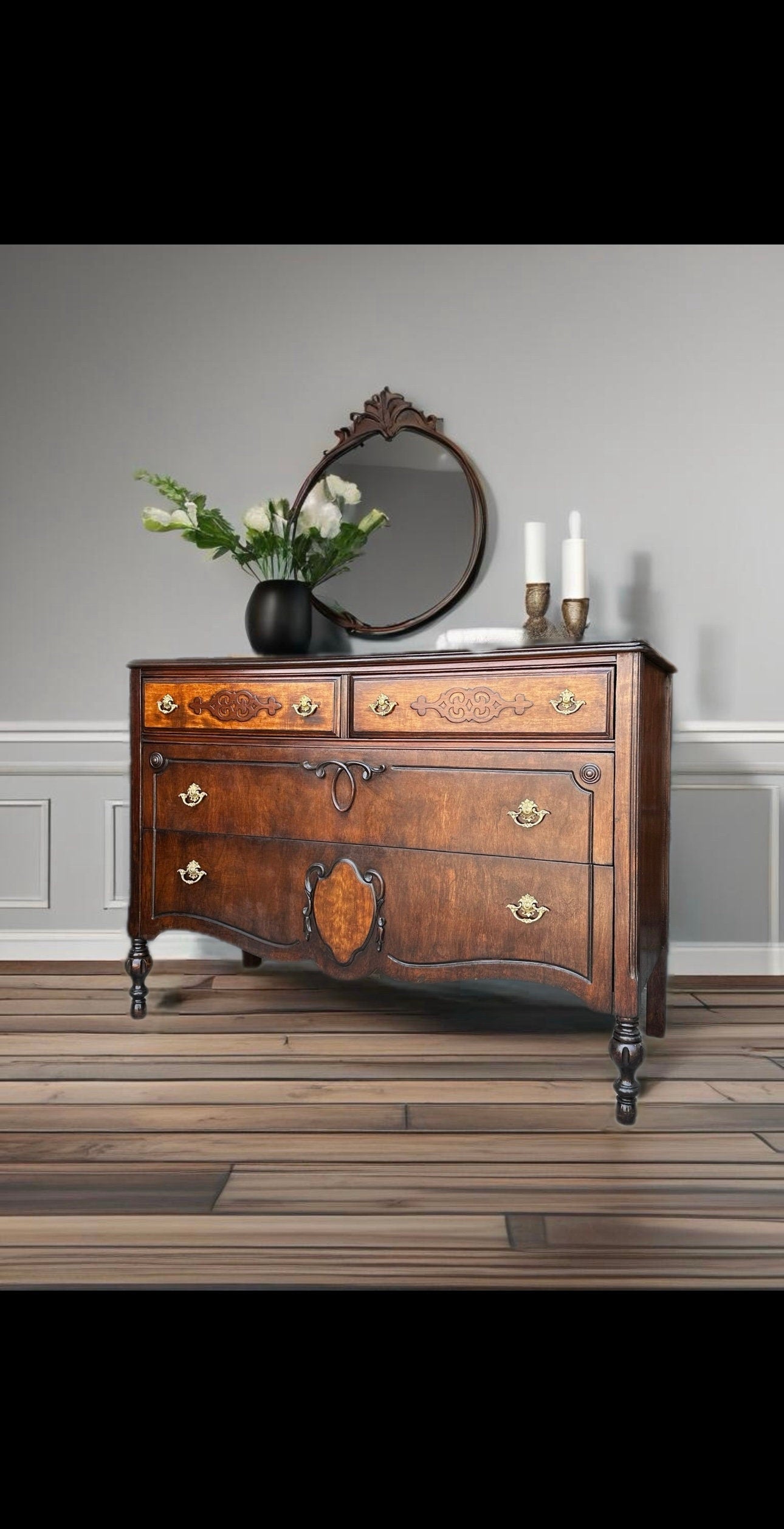 FREE SHIPPING *** Fully Restored Vintage Antique Solid Wood Ornate Gothic Chest of Drawers Vanity