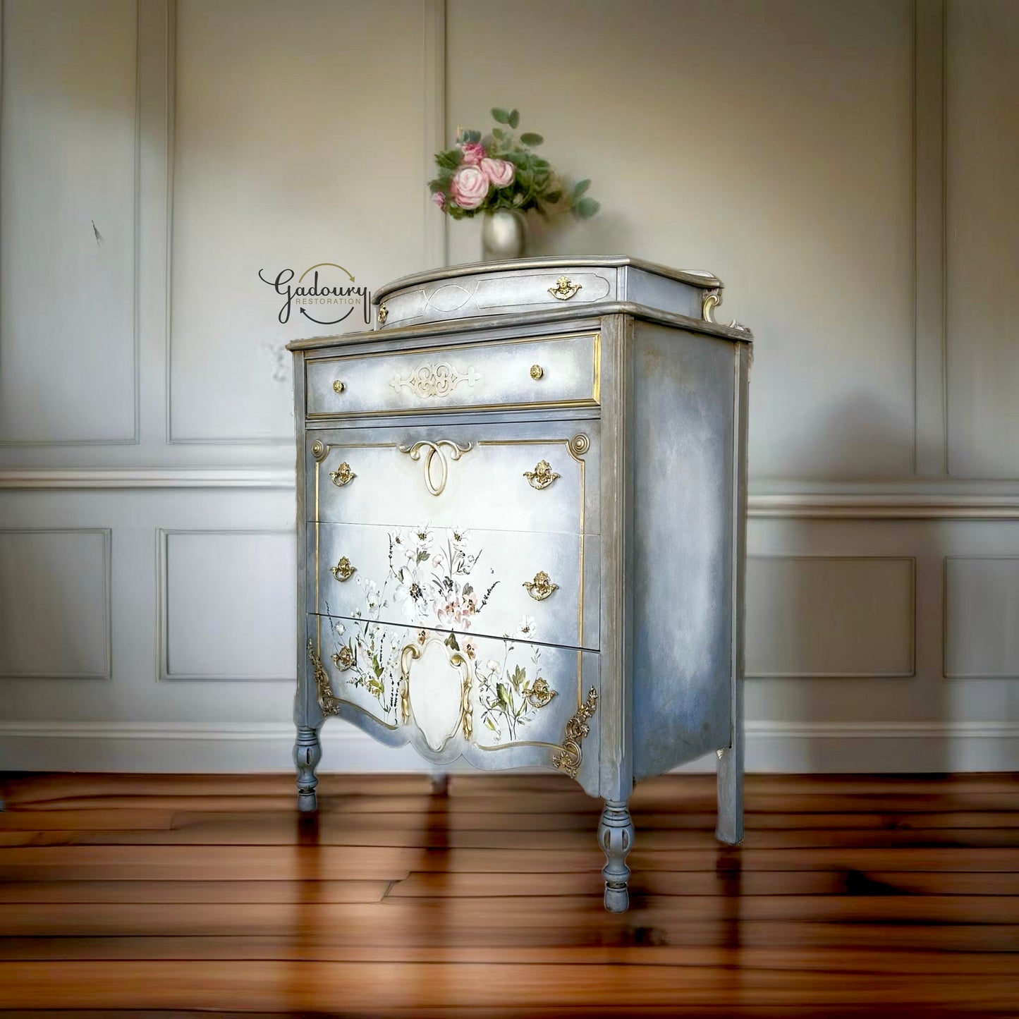 FREE SHIPPING *** Vintage Antique Solid Wood Floral Blue Gray Tall Chest of Drawers Dresser French Glam Gold Romantic